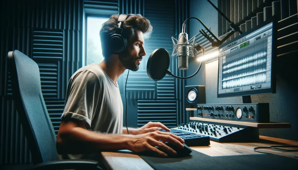 A man working in his studio recording AI voices